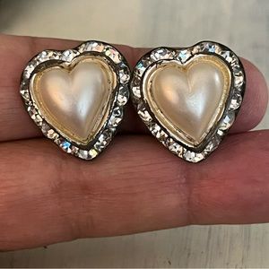 Vintage 1950's -60's Earrings Rhinestone faux pearl Clip-On Hearts Valentines